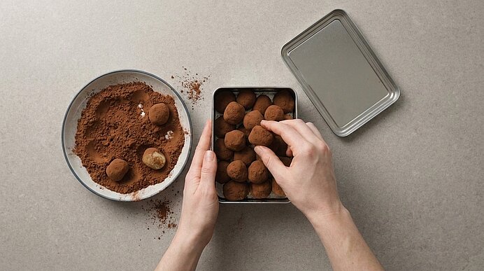 Hände legen kakaobestäubte Trüffelpralinen in eine offene Metallbox; daneben Schale mit Kakaopulver, in der Pralinen gerollt werden.