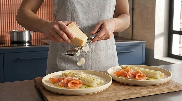 Hände einer Person reiben Käse über zwei Teller mit weißem Spargel und Räucherlachs.