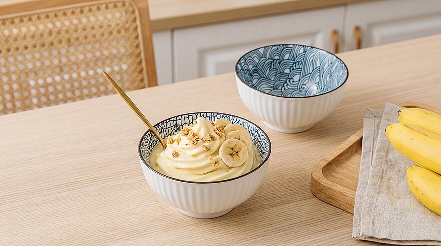 Schale mit cremiger Bananencreme, garniert mit Bananenscheiben und gehackten Nüssen, goldener Löffel darin; daneben eine leere gemusterte Schüssel und Bananen auf einem Holzbrett.