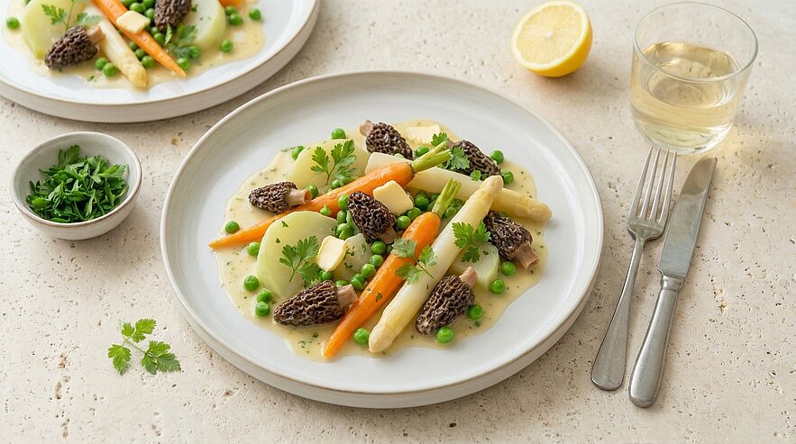Teller mit weißem und grünem Spargel, jungen Karotten, Erbsen, Morcheln und Kartoffelscheiben in cremiger Sauce, garniert mit Petersilie; Zitrone und Glas Weißwein daneben.