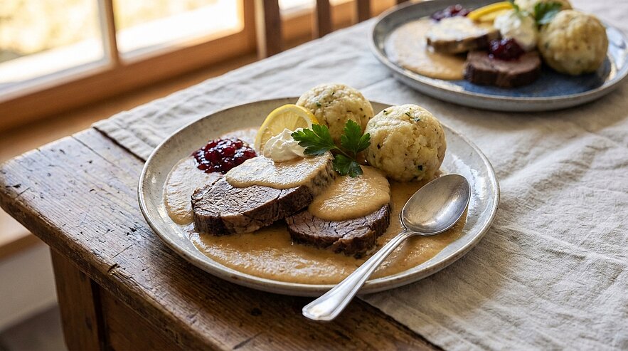 Zwei Teller mit Rinderscheiben in heller Bratensoße, dazu Semmelknödel, Preiselbeermarmelade, Zitronenscheibe und Petersiliengarnitur; auf dem vorderen Teller liegt ein Löffel.