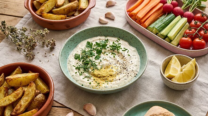 Eine Auswahl an gesunden Snacks: Ein großer Teller mit Kräuterdip und frischem Gemüse wie Karotten, Gurken und Radieschen. Daneben liegen goldbraun gebackene Kartoffelspalten und Zitronenviertel. Frische Kräuter verleihen dem Dip eine ansprechende Note.