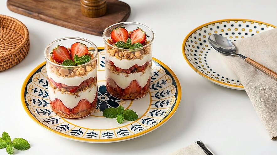 Zwei Gläser mit geschichtetem Dessert: Erdbeeren, Creme/Joghurt und Granola, garniert mit Minzblättern auf einem dekorativen Teller.
