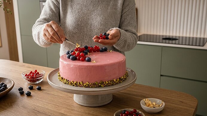 Hände einer Person dekorieren einen rosa glasierten Kuchen auf einer Tortenplatte mit roten und blauen Beeren, Blattgold und gehackten Pistazien am Rand.