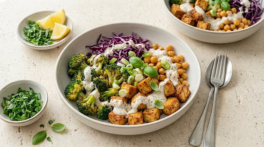 Veganer Buddha-Bowl mit gebratenem Tofu, geröstetem Brokkoli, Kichererbsen, fein geschnittenem Rotkohl, Frühlingszwiebeln und cremiger Kräutersauce, garniert mit Basilikum.