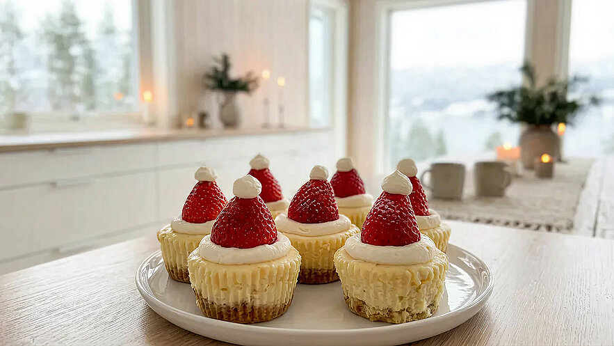 Ein Teller mit kleinen Käseküchlein, dekoriert mit Sahne und frischen Erdbeeren, die wie Weihnachtsmannmützen aussehen. Die Küchlein stehen auf einem Holzuntergrund und im Hintergrund sind eine helle, gemütliche Küche und Fenster, durch die man eine verschneite Landschaft erblicken kann.