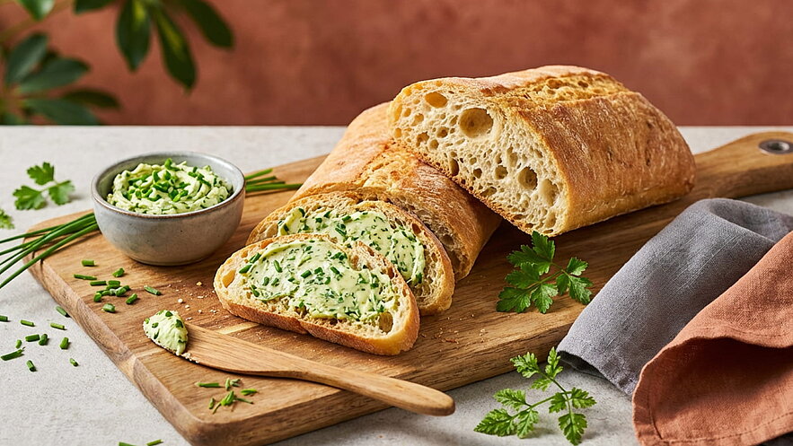 Auf einem Holzbrett liegt ein frisch gebackenes Brot, das in der Mitte aufgeschnitten ist, sodass die grüne Kräuterbutter sichtbar wird. Neben dem Brot befindet sich eine kleine Schüssel mit weiterer Kräuterbutter und frischen Kräutern.