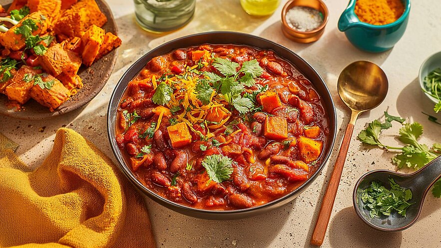 Eine Schüssel mit Chili, gefüllt mit roten Bohnen, Süßkartoffelstücken, Koriander und geriebenem Käse. Daneben ein Teller mit gewürztem Tofu und frischem Koriander. Eine goldene Löffel und weitere Gewürze liegen in der Nähe. Das Gericht ist appetitlich angerichtet und strahlt Farbe und Frische aus.