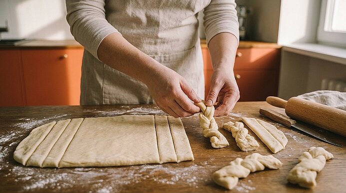 Hände einer Person flechten Teigstreifen auf einer bemehlten Arbeitsfläche zu kleinen, gedrehten Gebäckstücken.