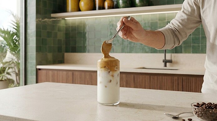Hand führt Löffel mit cremigem, aufgeschlagenem Kaffee über ein Glas mit Eis und kalter Milch, sodass der Schaum auf die Milch fällt.