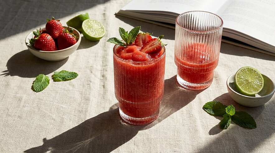 Zwei hohe Gläser mit rotem Erdbeer-Smoothie, eines garniert mit Erdbeerscheiben und Minze; daneben Schale mit Erdbeeren, Limettenhälften und einige Minzblätter.