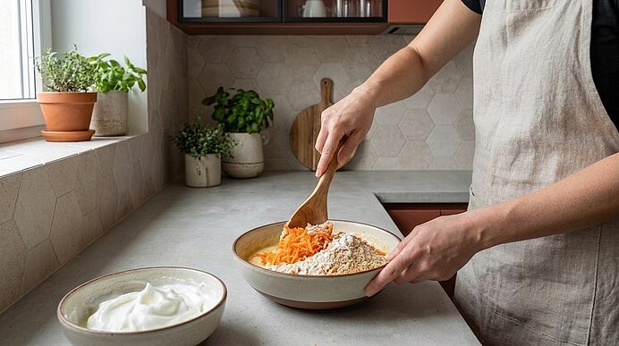 Person in Küchenschürze rührt mit Holzlöffel Mehl und geraspelten Karotten in einer Rührschüssel; daneben steht eine Schale Joghurt auf der Arbeitsfläche.