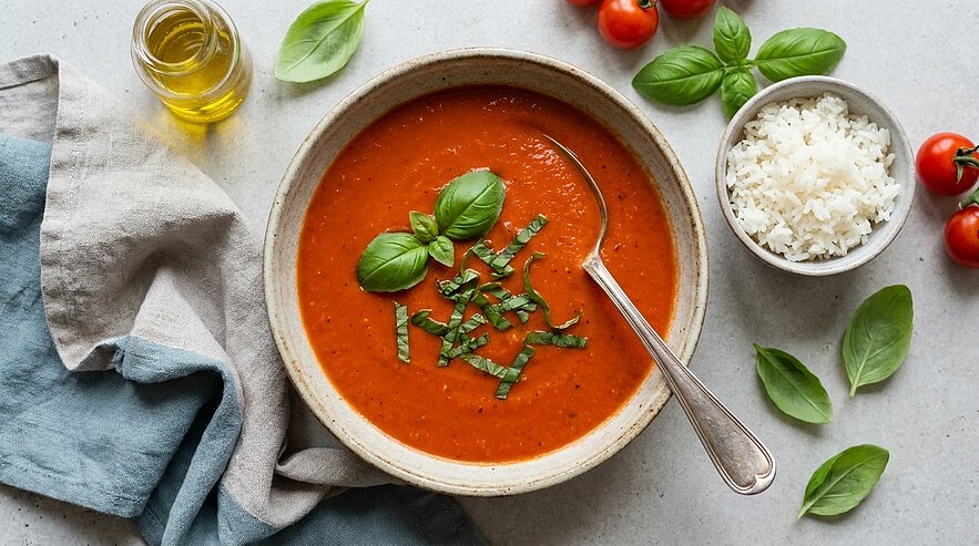 Schüssel mit cremiger roter Tomatensuppe, garniert mit frischen Basilikumblättern und einem Löffel.