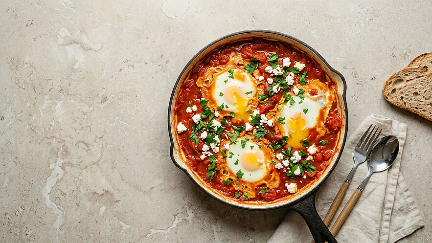 Ein gusseiserner Topf enthält Tomatensauce mit drei Spiegeleiern, die mit frischer Petersilie und Feta-Käse garniert sind. Daneben liegen zwei Scheiben Brot und Besteck. Der Hintergrund ist ein heller, gemusterter Tisch.