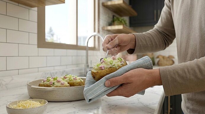 Hände halten eine gebackene Kartoffel, garniert mit saurer Sahne, Frühlingszwiebeln und Speck; weitere gefüllte Kartoffeln und geriebener Käse auf der Arbeitsfläche.