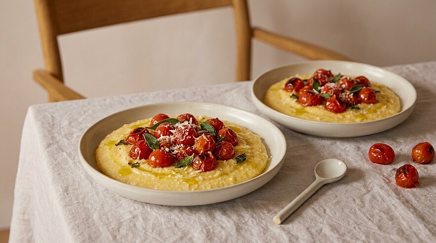 Zwei Schalen cremige Polenta, jeweils mit gerösteten Kirschtomaten, Kräutern und geriebenem Käse garniert, auf einem Tisch; daneben ein Löffel und ein paar Tomaten.
