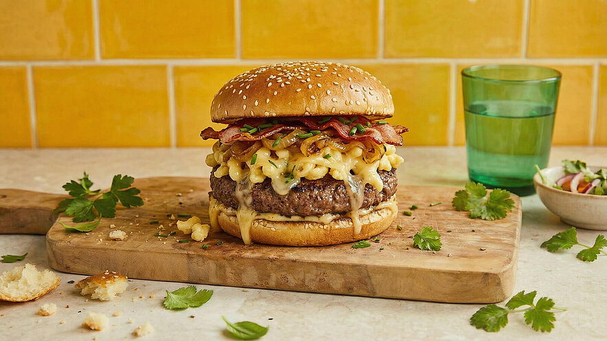 Ein saftiger Burger mit einem Sesam-Brötchen, gefüllt mit einem Fleischpatty, geschmolzenem Käse, Speck, Zwiebeln und Macaroni. Er steht auf einem hölzernen Brett, umgeben von frischen Kräutern. Im Hintergrund sind ein Glas Wasser und eine kleine Schüssel Salat sichtbar.