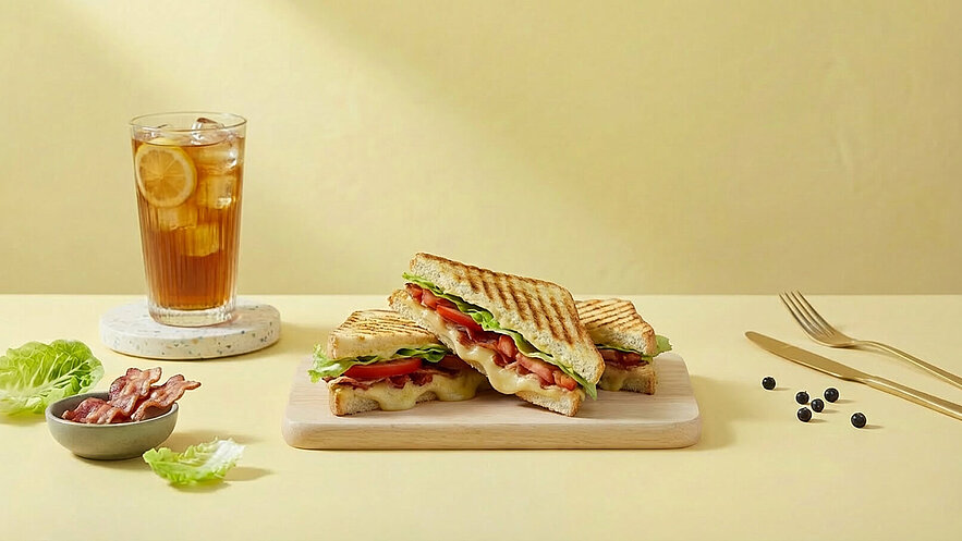Ein Holzbrett zeigt zwei gegrillte Sandwiches mit geschmolzenem Käse, Tomaten und Salat. Daneben steht ein Glas Eistee mit Zitronenstücken. Im Vordergrund sind ein Schälchen mit Speck und einige Blätter Salat zu sehen. Die Hintergrundfarbe ist sanft gelb.