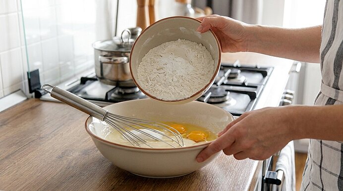 Hände schütten Mehl in eine große Rührschüssel mit aufgeschlagenen Eiern und einem Schneebesen, Zubereitung eines Teigs in der Küche.