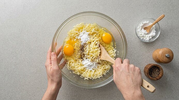 Zwei Hände vermengen geriebene Kartoffeln, Eier und Stärke mit einem Holzlöffel in einer großen Glasschüssel.