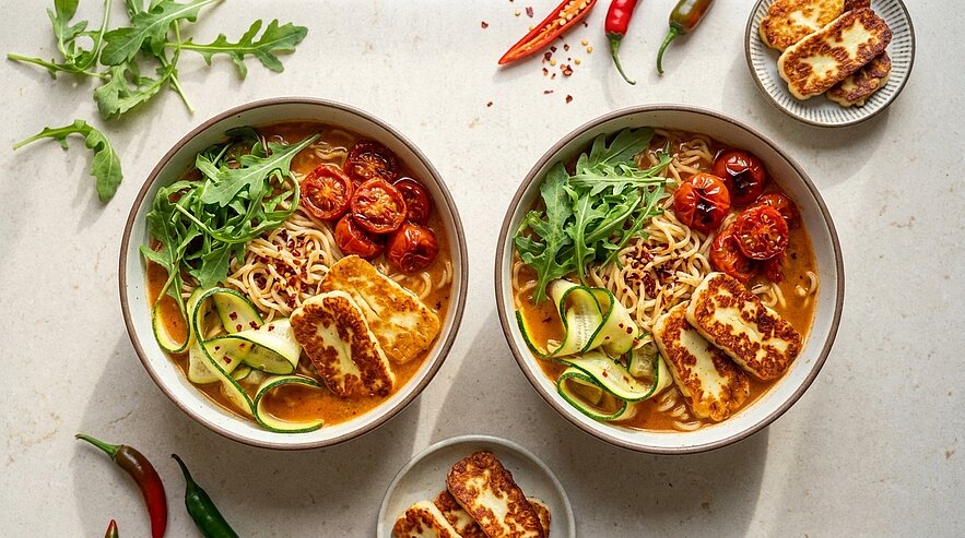 Zwei Schalen mit Nudelsuppe, garniert mit gebratenem Halloumi, gerösteten Tomaten, frischem Rucola und Zucchinistreifen. Daneben ein kleiner Teller mit weiteren Halloumi-Stücken. Rote und grüne Chilischoten sind um die Schalen verteilt.