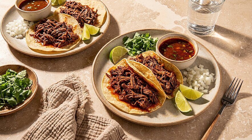 Zwei Teller mit jeweils zwei Maistacos, gefüllt mit gezupftem Rindfleisch, dazu Limettenspalten, gehackte Zwiebeln, Koriander und eine Schale roter Sauce.