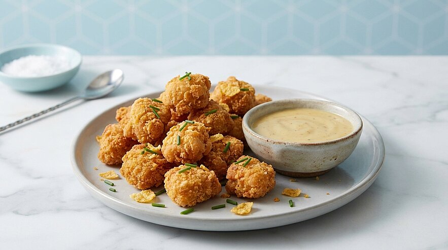 Teller mit goldbraun frittierten Knusperbällchen, mit gehacktem Schnittlauch bestreut, daneben eine kleine Schale mit cremiger Dip-Sauce.
