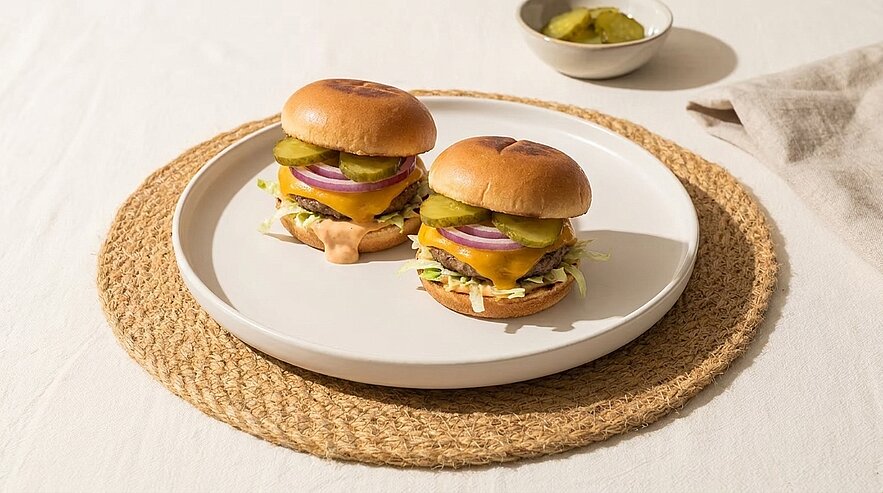 Zwei kleine Cheeseburger auf einem weißen Teller, belegt mit geschmolzenem Käse, roten Zwiebelringen, Gewürzgurkenscheiben, Salat und Sauce.