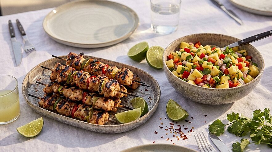 Gegrillte Hähnchenspieße mit Limettenspalten auf einer Platte, daneben eine Schüssel bunter Mango‑Ananas‑Paprika‑Koriander‑Salsa auf gedecktem Tisch.
