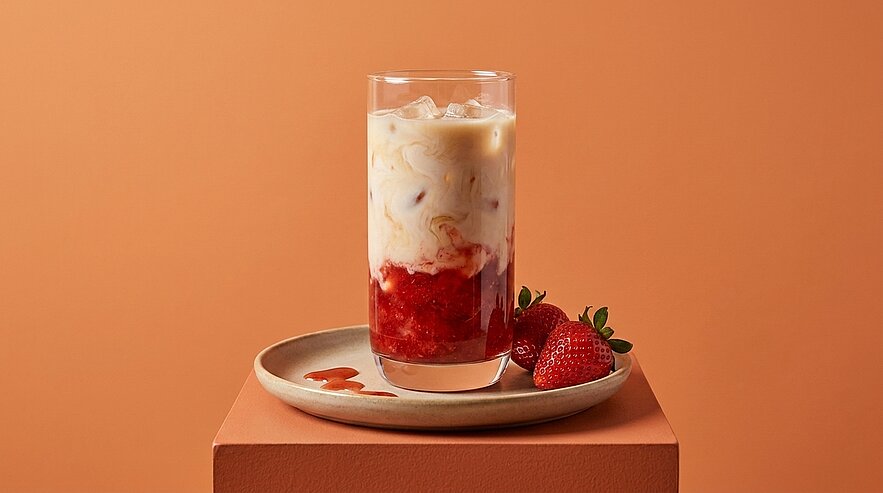 Hohes Glas mit geschichtetem Eisgetränk: rote Erdbeerpüree-Schicht unten, milchige Schicht mit Eiswürfeln oben; auf einem Teller zwei frische Erdbeeren.