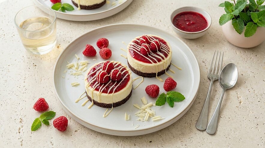 Auf einem Teller liegen zwei Törtchen mit einer Schicht aus Frischkäse und Himbeeren, dekoriert mit Schokolade. Daneben sind frische Himbeeren und Minzblätter. Im Hintergrund befindet sich ein kleiner Schälchen mit Himbeersoße.