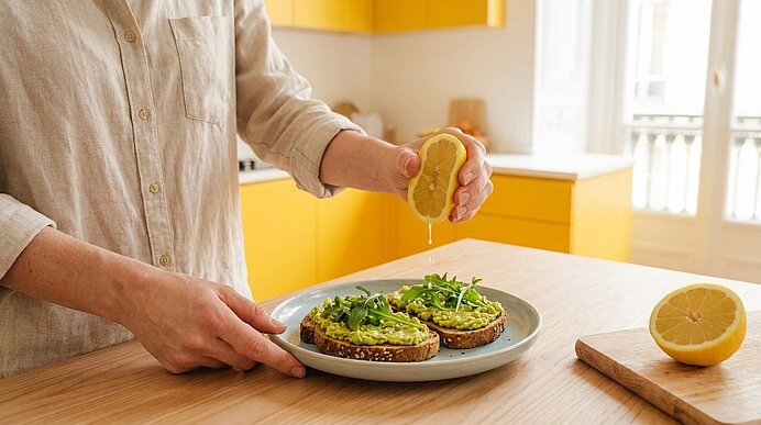 Hände einer Person drücken eine Zitrone über zwei Avocado-Toastscheiben mit Rucola auf einem Teller in einer hellen Küche.