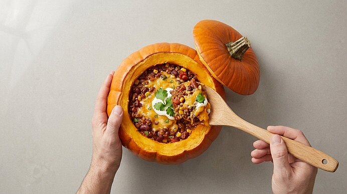 Zwei Hände löffeln überbackenes Chili con Carne mit geschmolzenem Käse und Sauerrahm aus einem Kürbis.