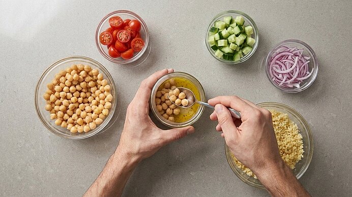 Hände füllen ein Glas mit Kichererbsen und Öl, umgeben von Schalen mit Kichererbsen, Couscous, halbierten Cherrytomaten, Gurkenwürfeln und roten Zwiebeln – Zutaten für einen Kichererbsensalat im Glas.