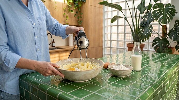 Person in blauem Hemd rührt mit Handmixer Teig in großer Schüssel auf grün gekachelter Küchenarbeitsplatte; daneben Mehl, Ei und Milch.