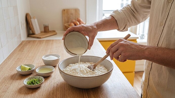 Hände einer Person gießen Flüssigkeit in eine Schüssel mit Reisbrei und rühren mit einem Holzlöffel; daneben liegen kleine Schalen mit Limetten, Brühe und gehackten Kräutern.