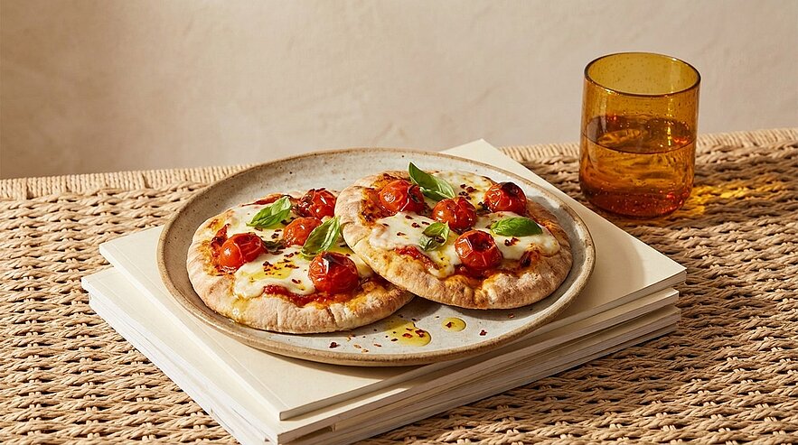 Zwei kleine Pizzen auf einem Teller, belegt mit geschmolzenem Käse, gerösteten Kirschtomaten, frischen Basilikumblättern und einem Schuss Olivenöl.