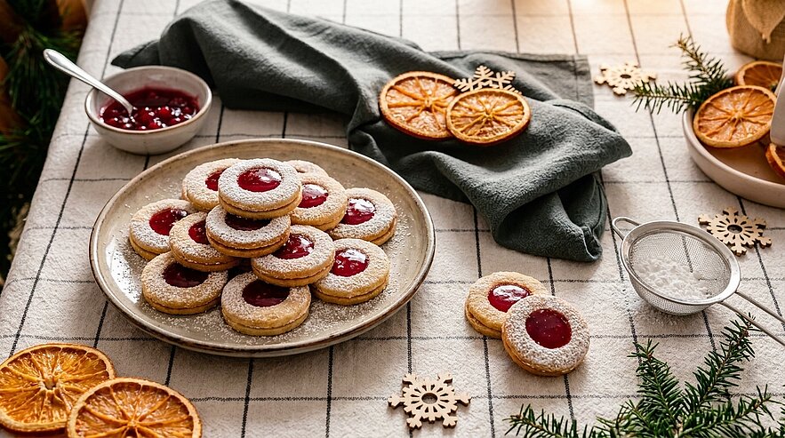 Teller mit gestapelten Linzer‑Plätzchen: runde, mit Puderzucker bestäubte Kekse mit Loch und roter Marmeladenfüllung; daneben ein einzelnes Plätzchen und eine Schale mit Marmelade.