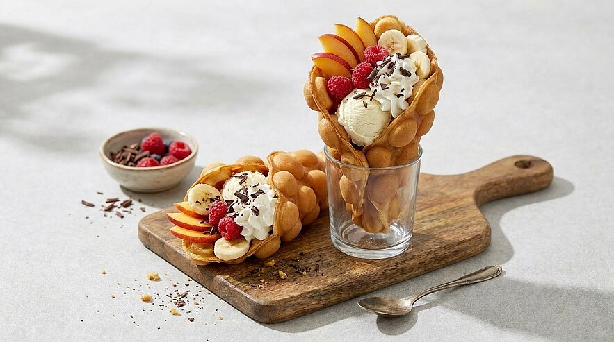 Zwei Bubble-Waffles, gefüllt mit Vanilleeis, Sahne, frischen Beeren und Pfirsichscheiben, garniert mit Schokoraspeln, auf einem Holzbrett.