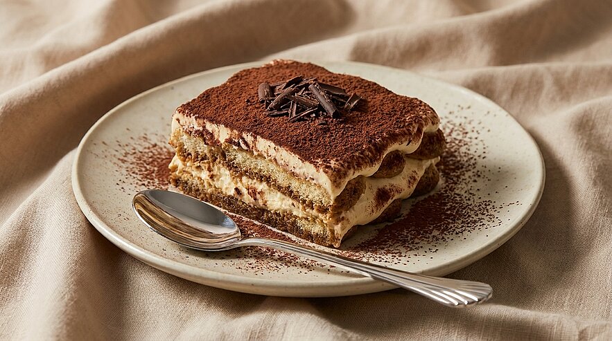 Ein Teller mit Tiramisu, das in Schichten präsentiert wird. Die oberste Schicht ist mit Kakaopulver bestreut und mit Schokoladenraspeln dekoriert. Neben dem Teller liegt ein silberner Löffel auf einer hellen, weichen Unterlage.