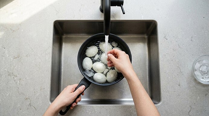 Zwei Hände schrecken hartgekochte Eier in einem Stieltopf mit Eiswasser unter fließendem Wasser im Spülbecken ab.