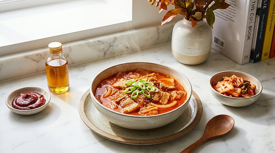 Eine Schüssel koreanische Suppe mit Fleisch und Gemüse, garniert mit Frühlingszwiebeln, steht auf einem Tisch. Daneben befinden sich ein Glas Öl, ein kleiner Teller mit scharfer Sauce und ein weiterer Teller mit Kimchi. Im Hintergrund sind Bücher und eine Vase mit Blumen sichtbar.