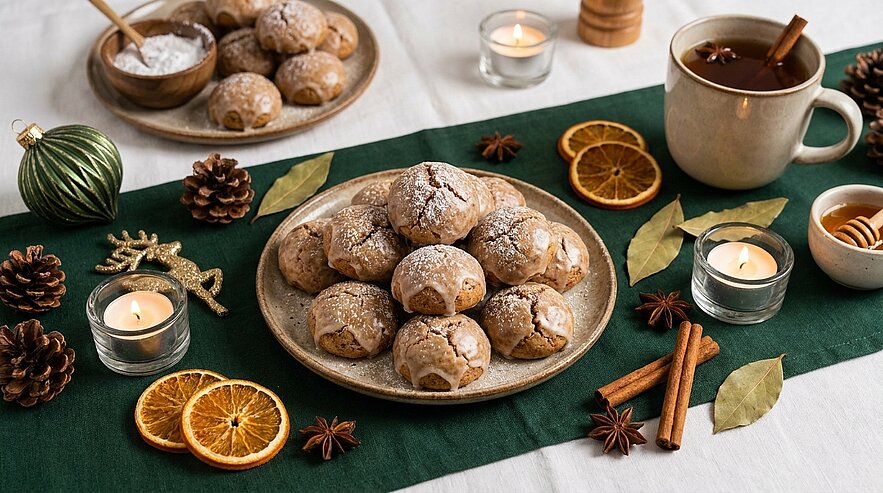 Teller mit puderzuckrigen Weihnachtsplätzchen auf grünem Läufer, daneben Tasse mit heißem Getränk, Zimtstangen, getrocknete Orangenscheiben, Sternanis und Kerzen – festliche, gemütliche Adventsszene.