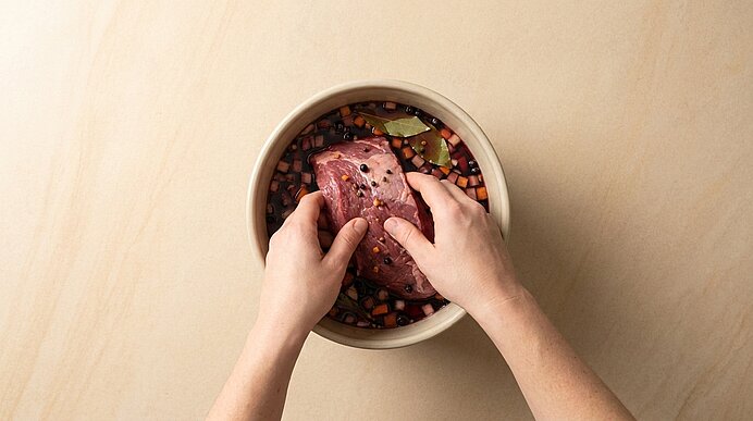 Zwei Hände legen ein rohes Stück Rindfleisch in eine Schüssel mit gewürfeltem Suppengemüse und Gewürzen.