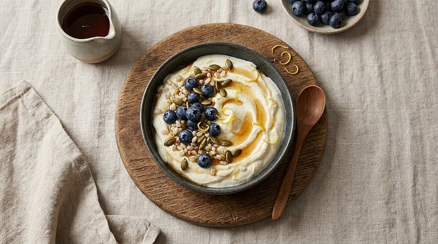Schale mit cremigem Joghurt/Porridge, garniert mit frischen Heidelbeeren, Hafer‑Granola, Kürbiskernen und Honig, präsentiert auf einem Holzbrett mit Holzlöffel.