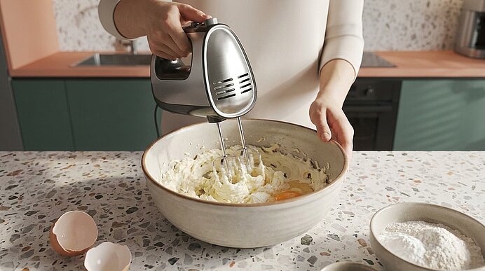 Hände einer Person halten einen Handmixer über einer großen Schüssel; Teig wird gerührt. Auf der Arbeitsfläche liegen aufgebrochene Eierschalen und eine Schale mit Mehl.