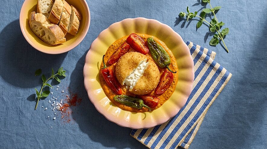 Panierte, goldbraune Kugel mit Creme-Topping in Tomatensauce, umgeben von gerösteten kleinen Paprika und Kirschtomaten; dazu Brotscheiben.