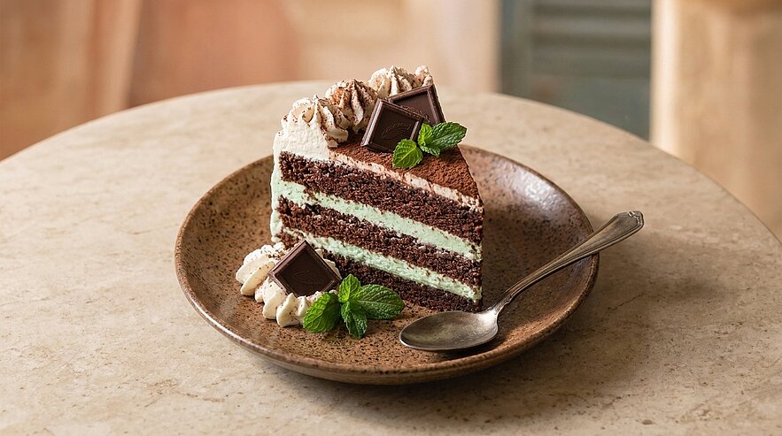 Ein Stück Schokoladenkuchen mit mintgrüner Füllung auf einem braunen Teller. Der Kuchen ist mit Schlagsahne, Minzblättern und Schokoladenteilchen dekoriert. Neben dem Kuchen liegt ein kleiner Löffel.