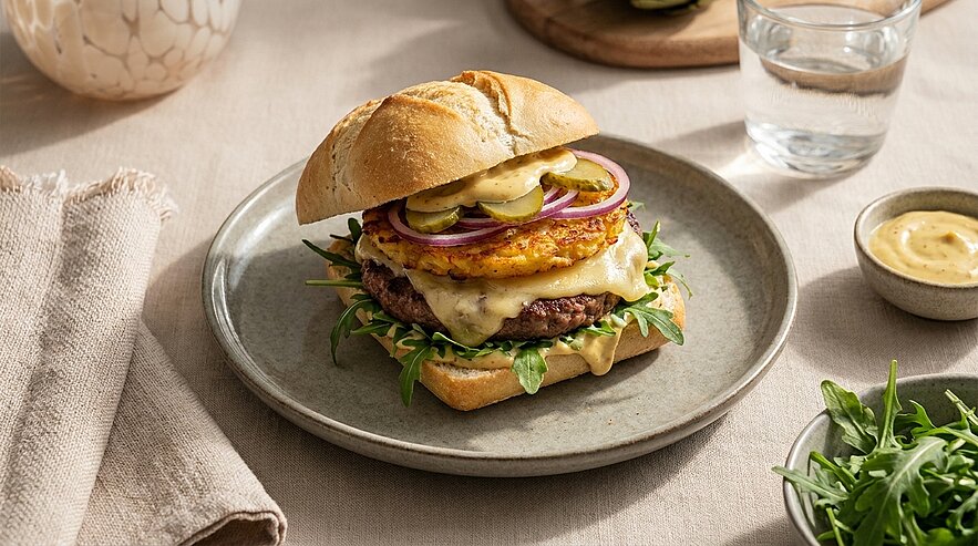 Nahaufnahme eines Burgers auf einem Teller: Brötchen, Patty mit geschmolzenem Käse, Rucola, gegrillte Ananas, rote Zwiebeln und eingelegte Gurkenscheiben.