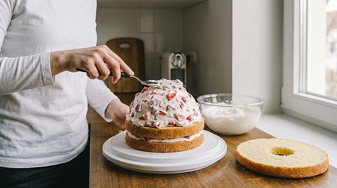 Person bestreicht einen mehrschichtigen Rührkuchen mit weißer Erdbeercreme; Schüssel mit Creme und ein weiterer Kuchenring stehen daneben.